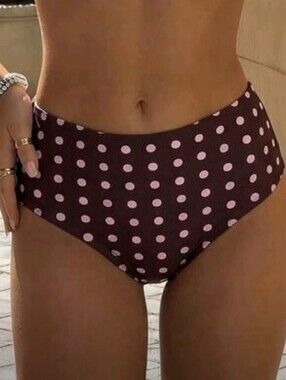 NWOT Boy Short Hipster Polka Dot Bikini Bottom, L (8-10), Brown W/Pink Dots